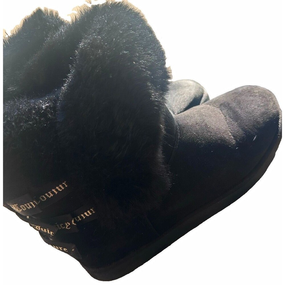 Juicy Couture Faux Fur Winter Boots Black Ribbon Bow Women’s Size 10 Cozy